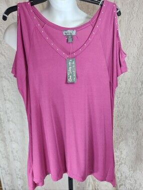 One Step Ahead Fuchsia Cold-Shoulder Scoop Neck Tank with Stud Detail